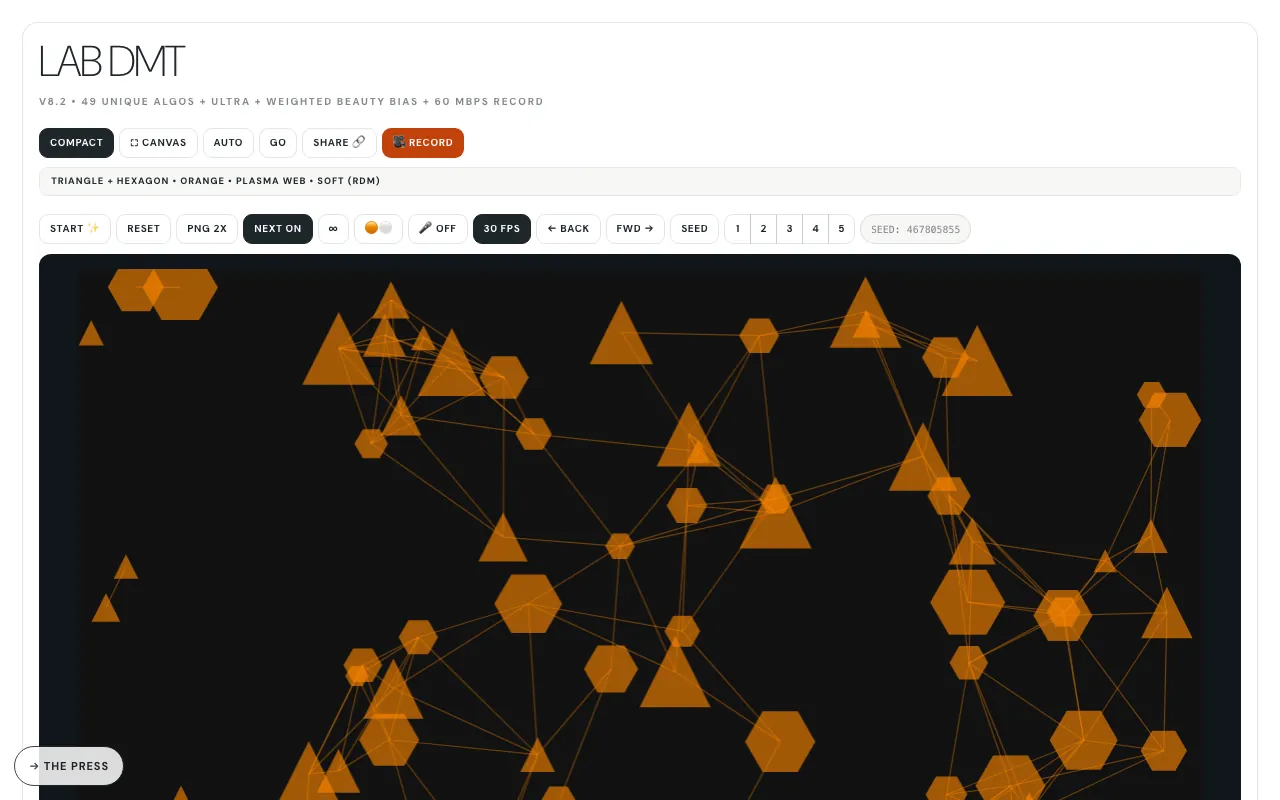 The DMT page on labs.llc: rows of mode buttons and a seed field above a black canvas filled with a grid of small American flags and orange arrow shapes.