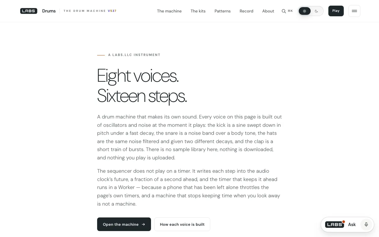 The top of the Drums page on labs.llc, headed 'Eight voices. Sixteen steps.', with two paragraphs on how each voice is synthesised and buttons to open the machine.