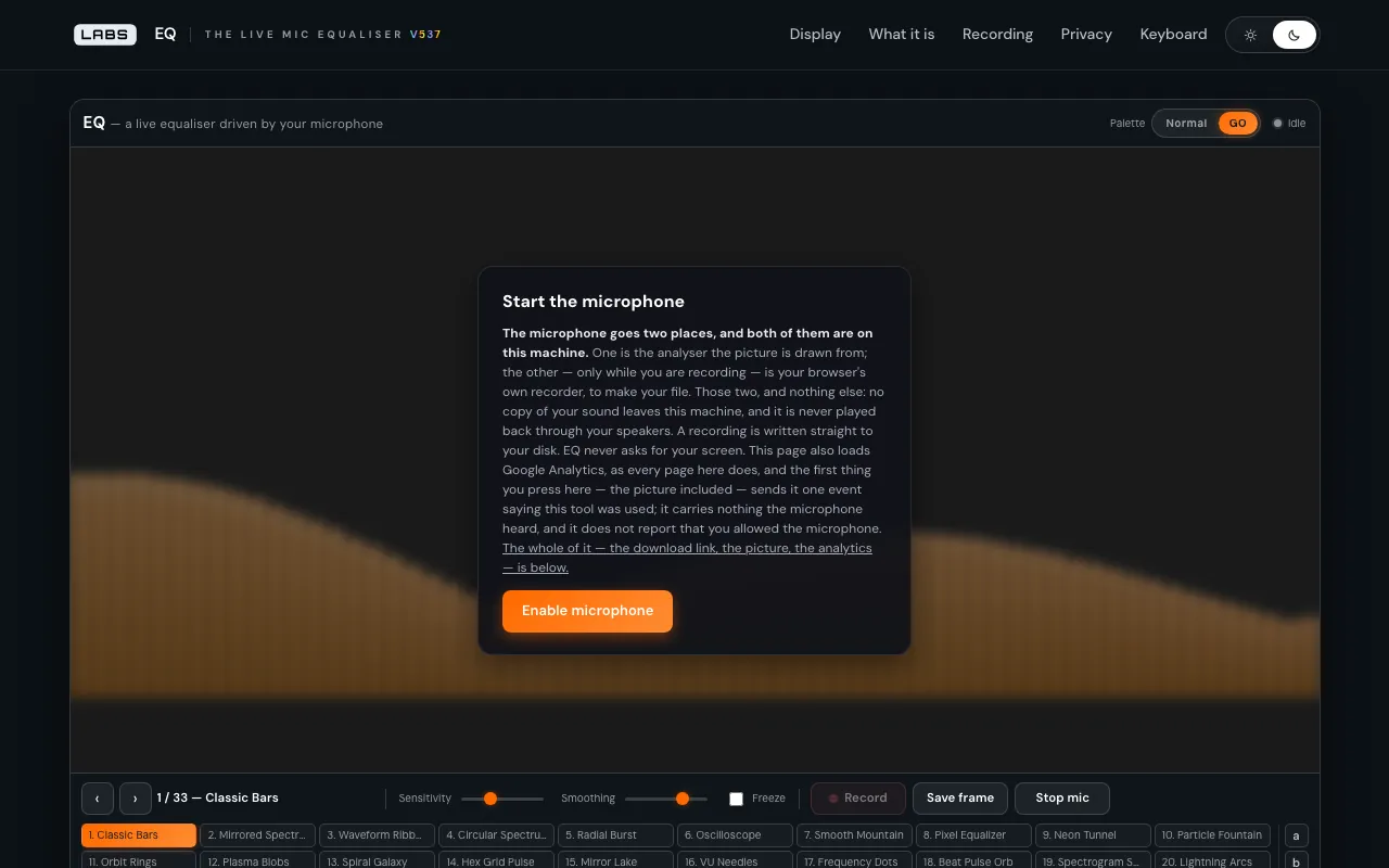 The EQ page on labs.llc in its dark skin: a blurred orange wave behind a 'Start the microphone' panel with an Enable microphone button, above a row of numbered display names.