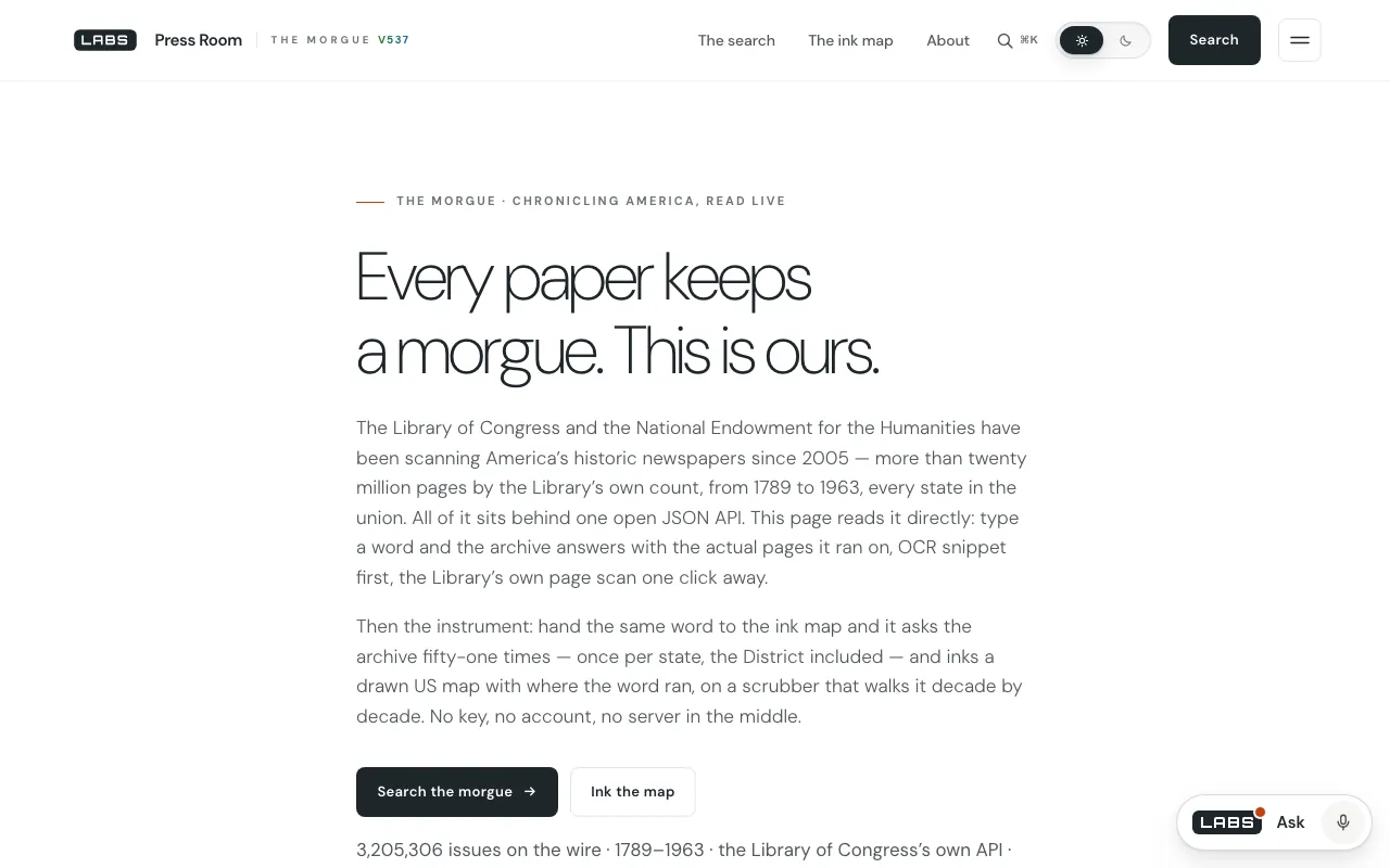 The top of the Press Room page on labs.llc, headed 'Every paper keeps a morgue. This is ours.', describing the Chronicling America search and the ink map, with buttons to search and ink the map.