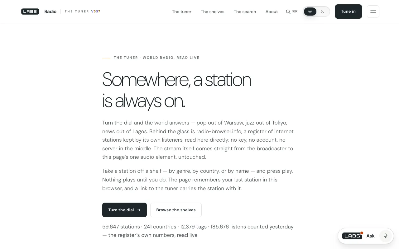 The top of the Radio page on labs.llc, headed 'Somewhere, a station is always on.', describing the radio-browser.info register, with buttons to turn the dial and browse the shelves and a line of station counts.