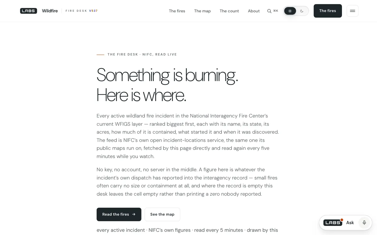 The top of the Wildfire page on labs.llc, headed 'Something is burning. Here is where.', with two paragraphs about NIFC's incident feed and buttons to read the fires and see the map.