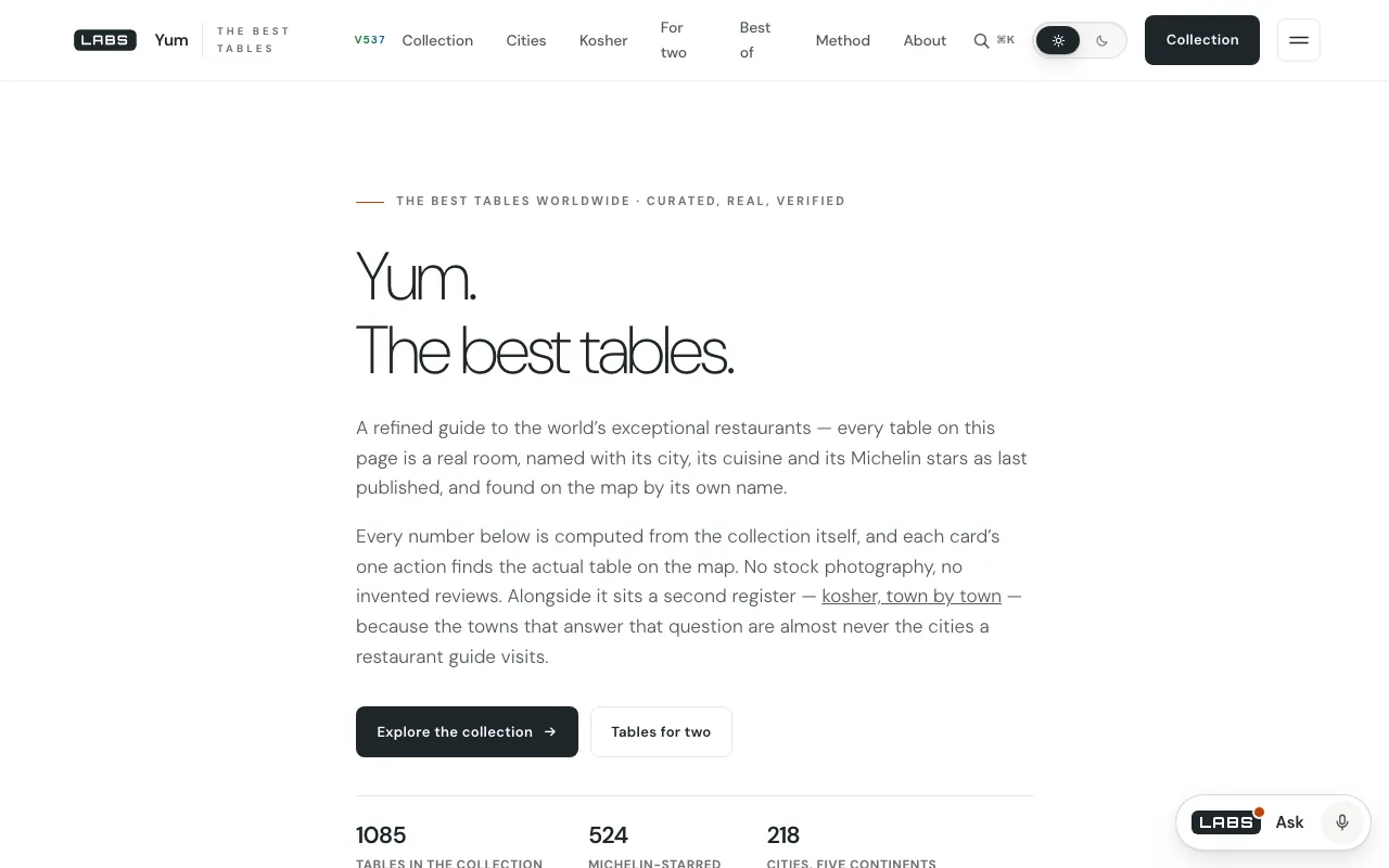 The top of the Yum page on labs.llc, headed 'Yum. The best tables.', with an introduction to the collection, two buttons, and counts of 1085 tables, 524 Michelin-starred and 218 cities.